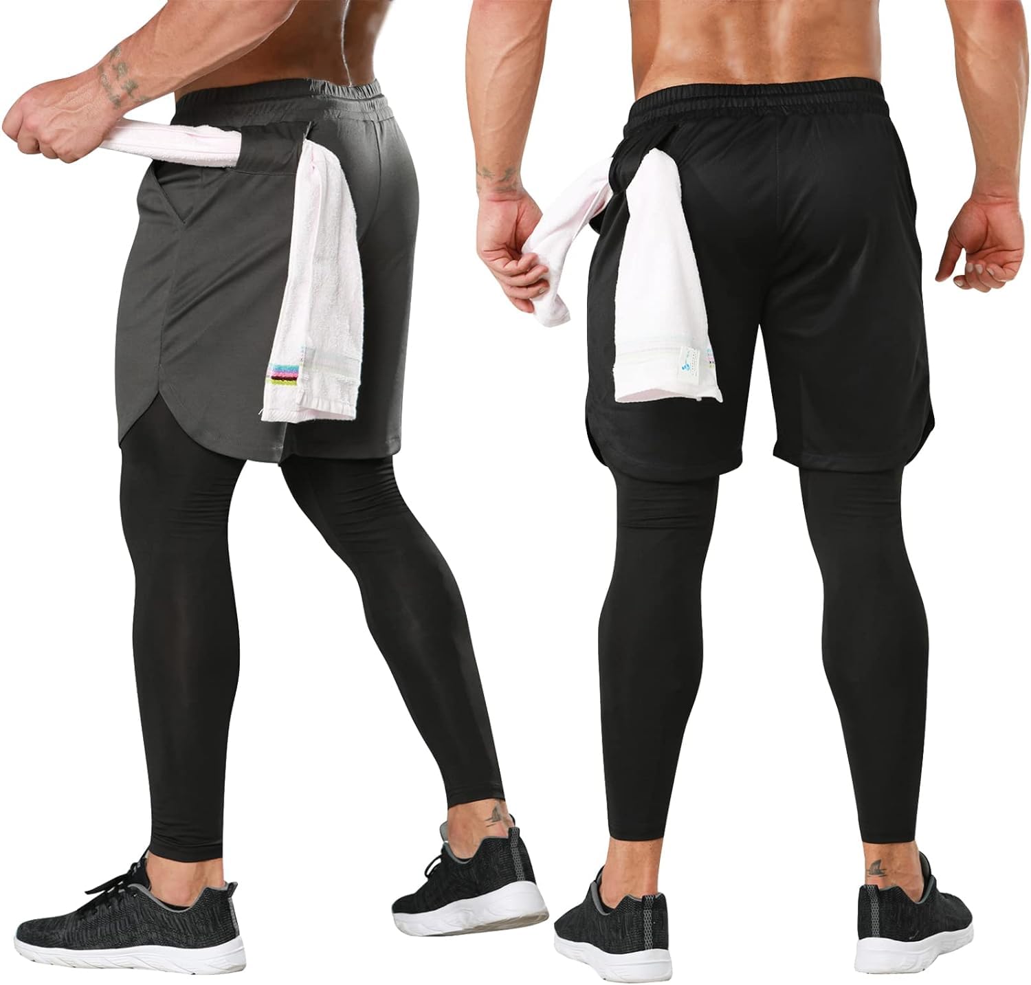 OEBLD Pantalones de compresión para Hombre, 2 en 1, Pantalones de Correr, Pantalones de Entrenamiento, Mallas de Gimnasio con Lazo para Toalla, Negro + Gris, Large