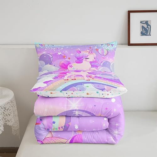 Miniatura 3 de Feelyou Juego de ropa de cama de unicornio para niñas, tamaño King, kawaii, lindo juego de edredón de unicornio arcoíris, reversible, con estrellas