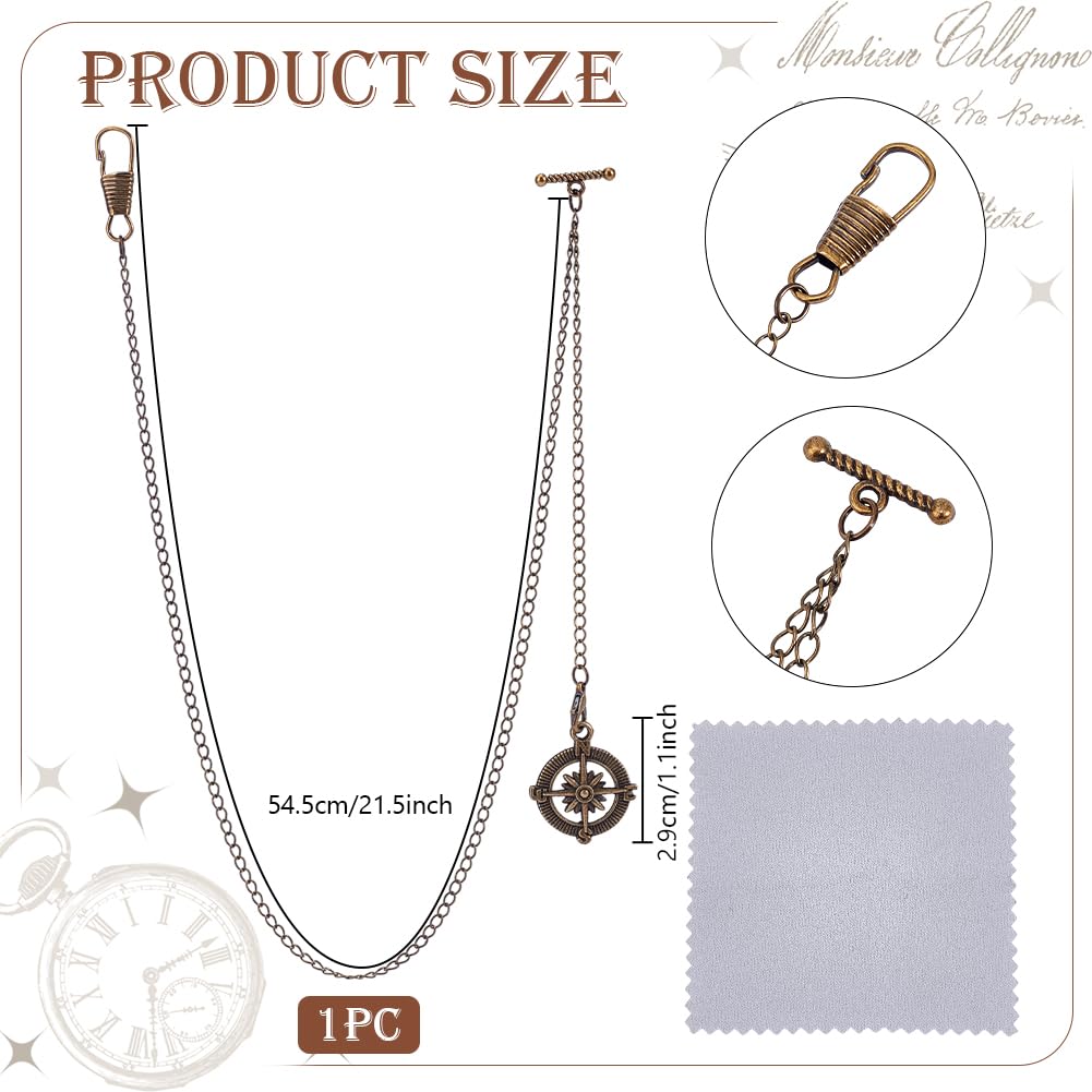 PH PandaHall Pocket Watch Chain, Suit Chain Albert Chain T Bar & Lobster Clasps Watch Chain Vest Chain Pocket Watch Fob T-Bar Chain Curb Link Chain with Compass Pendants for Men Women Wedding