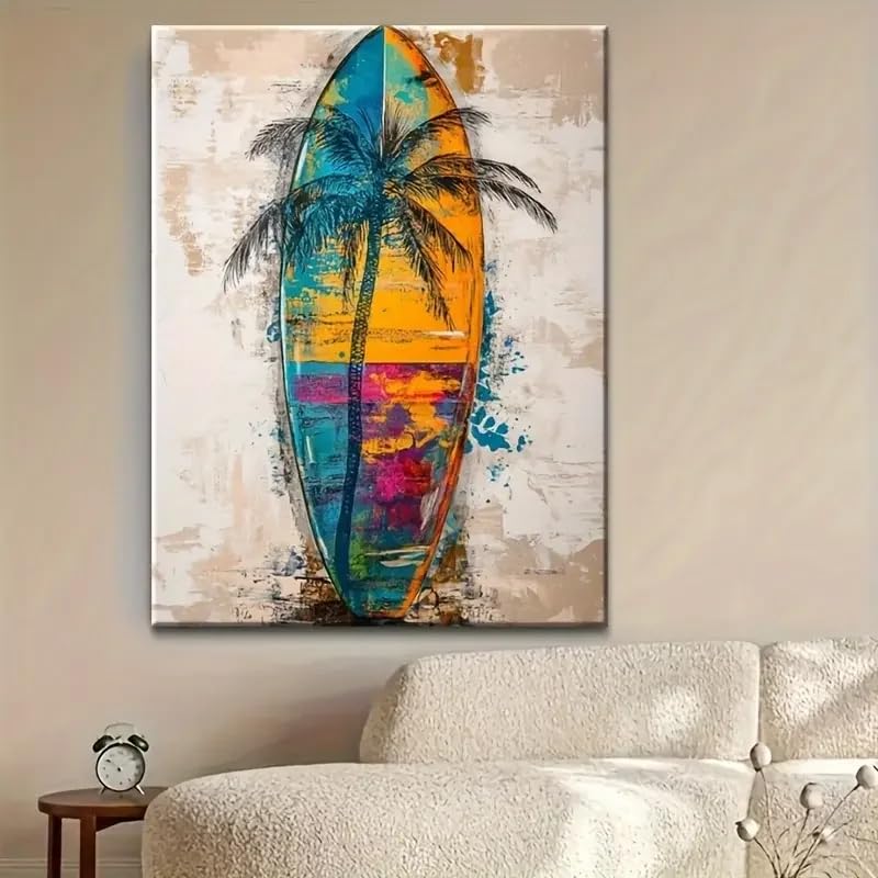 BMGKYAGL Tropical Beach Wall Art - Abstract Surfboard & Palm Tree Painting w kolorze Bold Blue, Orange, Yellow Canvas Poster(30 x 45 cm / rama wewnętrzna)
