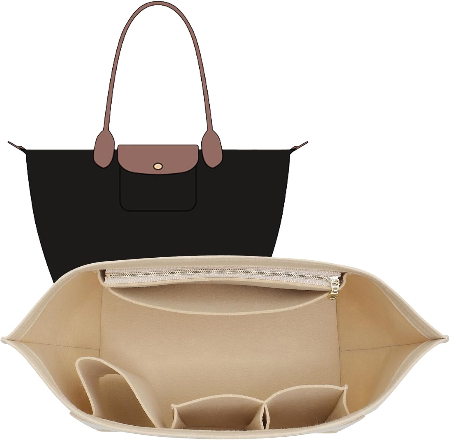 OAikor Felt Purse Organizer Insert for Longchamp Le Pliage L Tote Bag & M Handbag, Zipper Long Champ Bag Organizer Insert with Cup Holder, Women Bags Divider Shaper with 8 Compartments (Beige,L)
