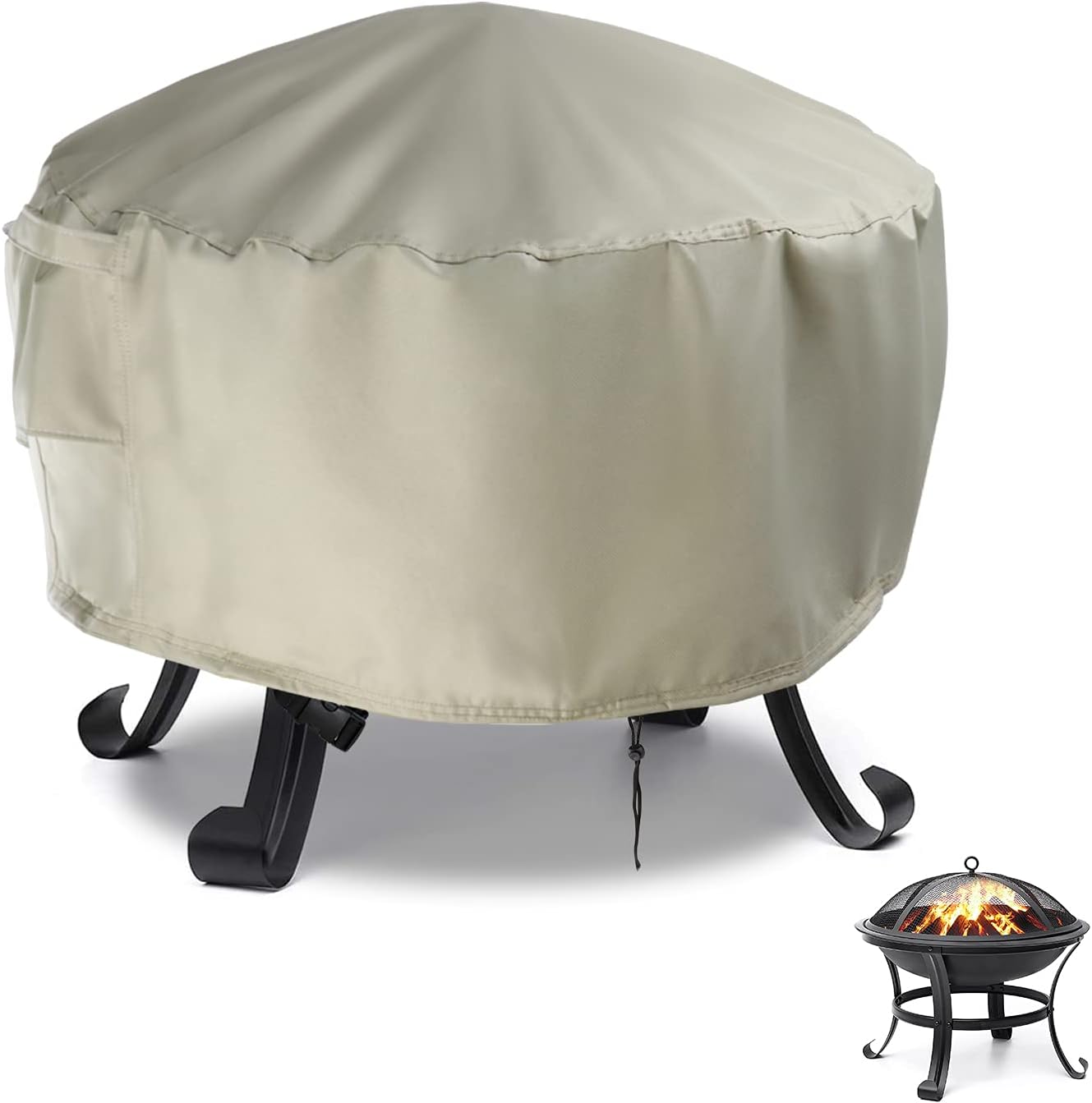 Rilime Fire Pit Cover Round, 36 Inch 600D Heavy Duty Firepit Covers, PVC Waterproof Windproof Outdoor Fireplace Cover (Beige, 36 x 20 Inch)