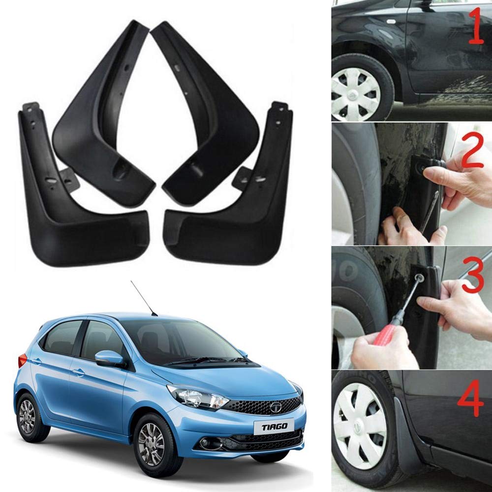 Oshotto (O.E.M Fitting Cup Type) Mud Flap/Splash Guard Compatible with Tata Tiago 2016,2017,2018,2019 (T-I)(Set of 4)