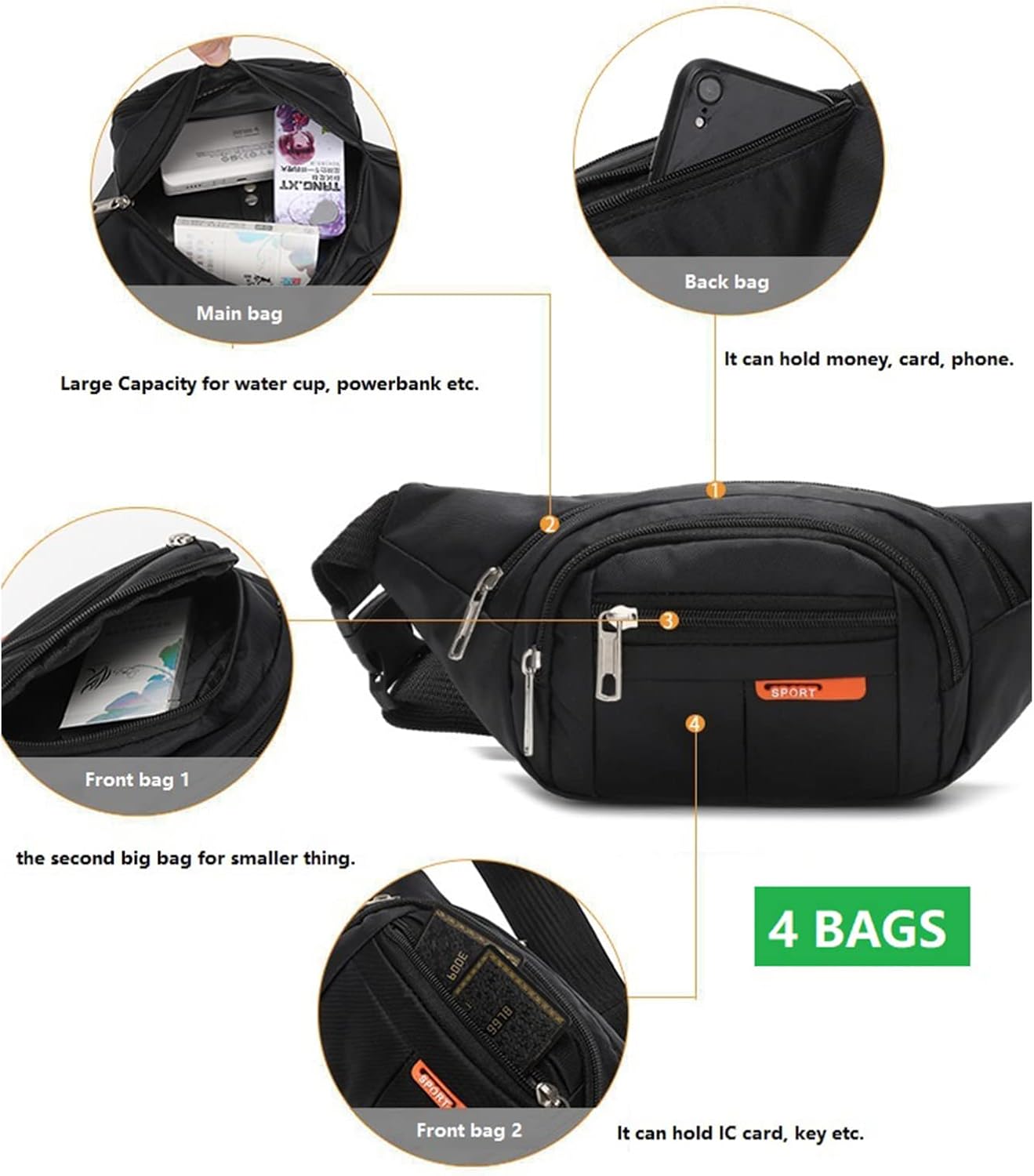 Water Resistant Bum Bag with Adjustable Buckle Strap for Men Women, BetterJonny 4-Zipper Pockets Bumbag Waist Fanny Pack for Hiking/Dog Walking/Travel & Outdoor Activities