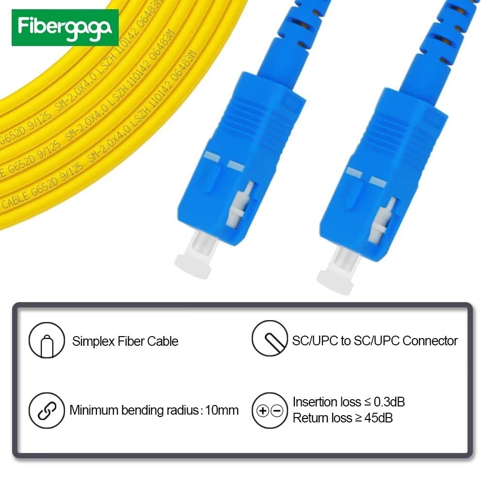 Fibergaga-3m(10ft)-5 Pack OS2 SC to SC Fiber Patch Cable Single Mode, Simplex, Length Option: 0.5M(1.6ft)-100m(328ft) 9/125µm 2.0mm Diameter Fiber Optic Patch Cord, LSZH,OS1/OS2 Compatible