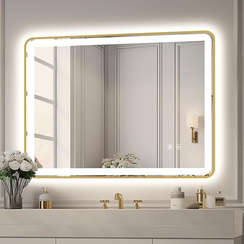Espejo de baño LED rectangular, 36 x 28 pulgadas, antiempañamiento, doble tacto, iluminado, espejo de tocador de pared con marco de metal biselado
