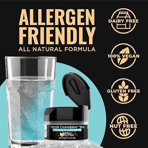 Miniatura 3 de Teal Brew - Purpurina comestible que cambia de color para bebidas, cócteles, cerveza, adornar bebidas  Certificado Kosher y Halal  100% comestible y