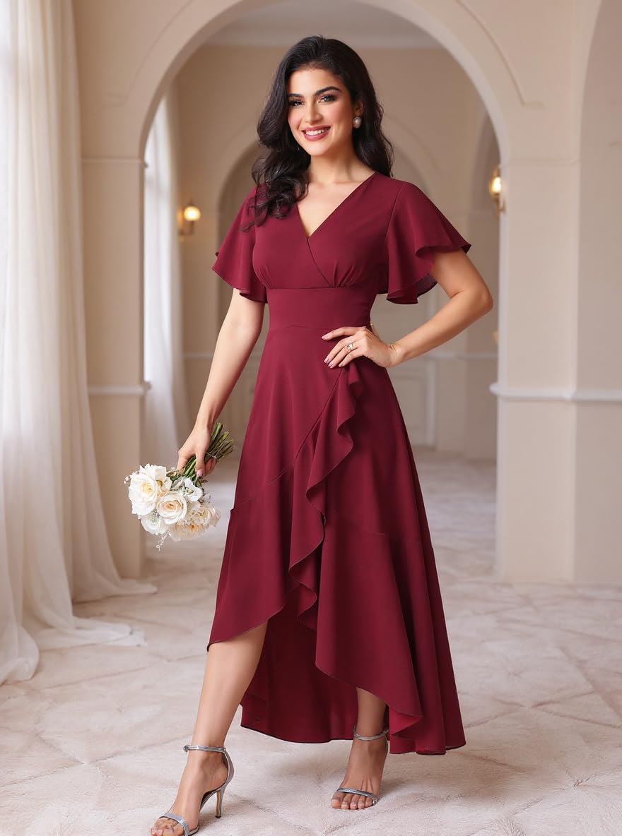 BABYONLINE D.R.E.S.S. Robes formelles pour femmes, robe de cocktail, col en V fendu, robe enveloppante à volants, robe d'invitée de mariage 3089-XIN