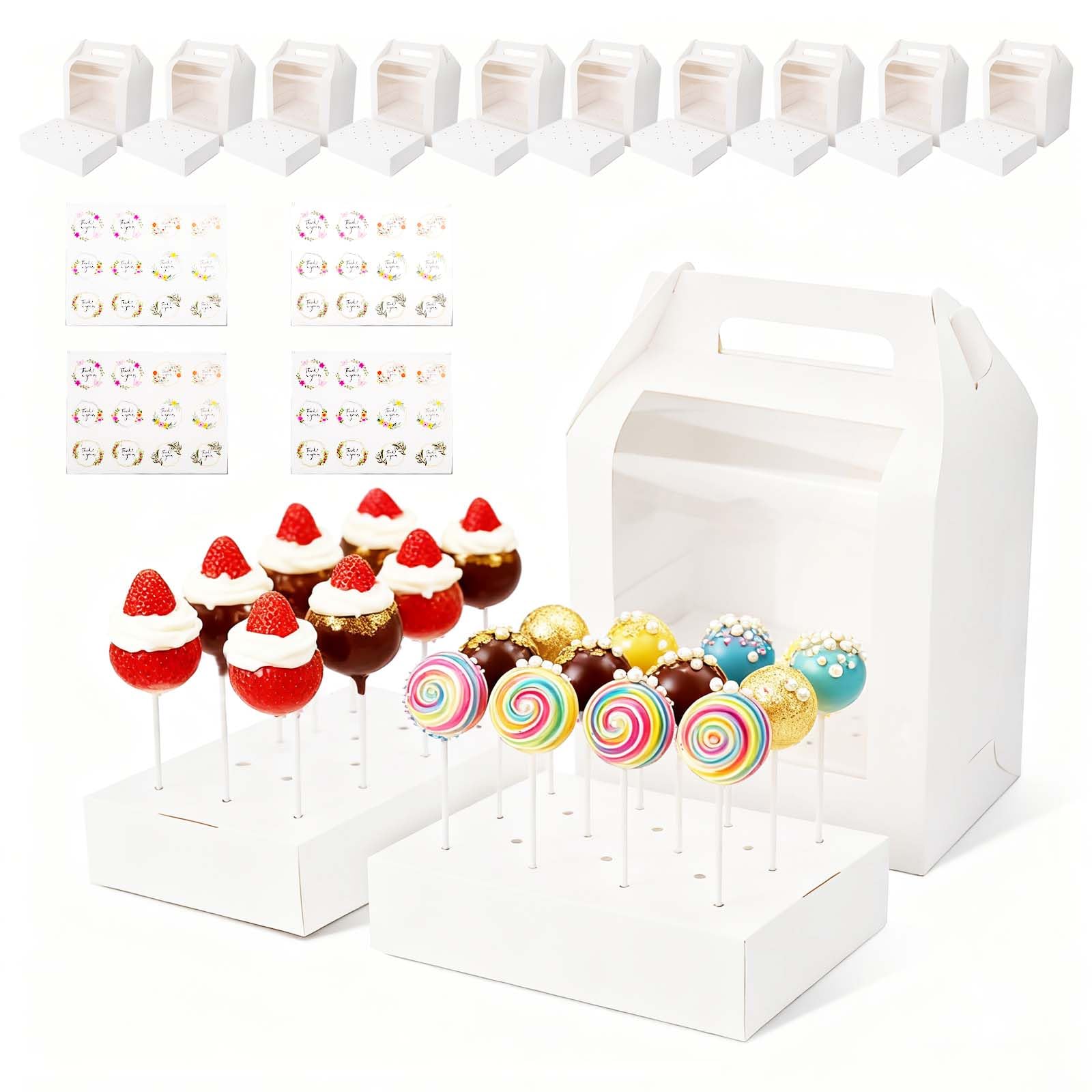 CXRYLZ-FUR 12pcs Portable Cake Pop Holder Boxes 4pcs Stickers, Cake Pop Holder with Clear Window & 18 Holes Lollipop Display Stand and Lid Handle for Birthday Weddings Parties