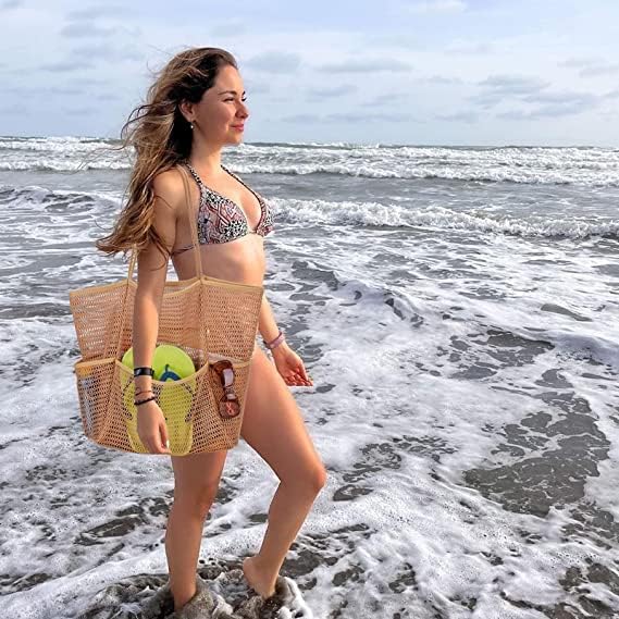 Miniatura 2 de Jereture Bolso de playa de malla para mujer, bolso de hombro plegable MAX 23L casual bolsa de mano para playa, picnic y vacaciones, Ins