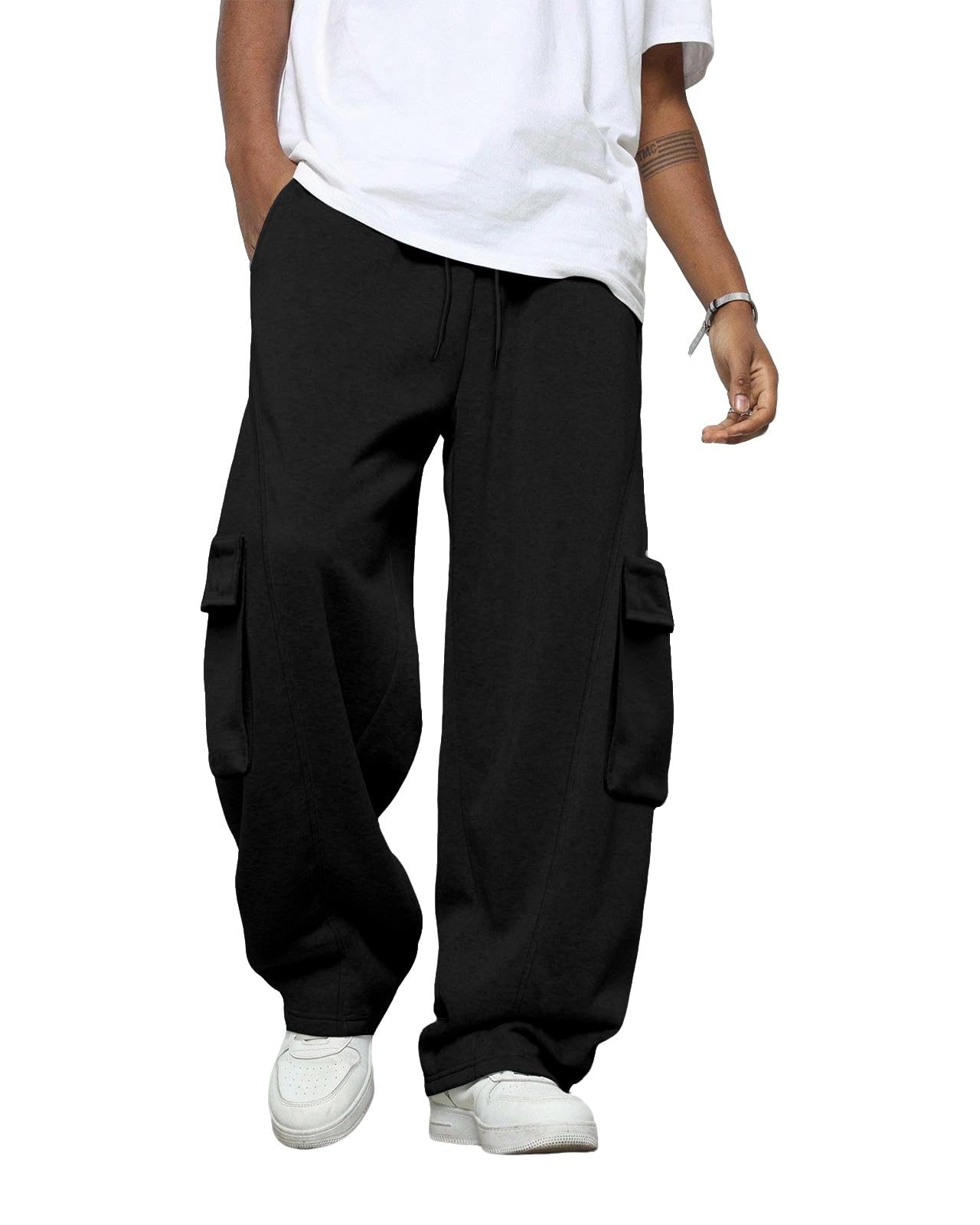 BUXKR Mens Baggy Sweatpants Wide Leg Fleece Casual Joggers Cotton Loose Drawstring Elastic Waist Pants with Pockets