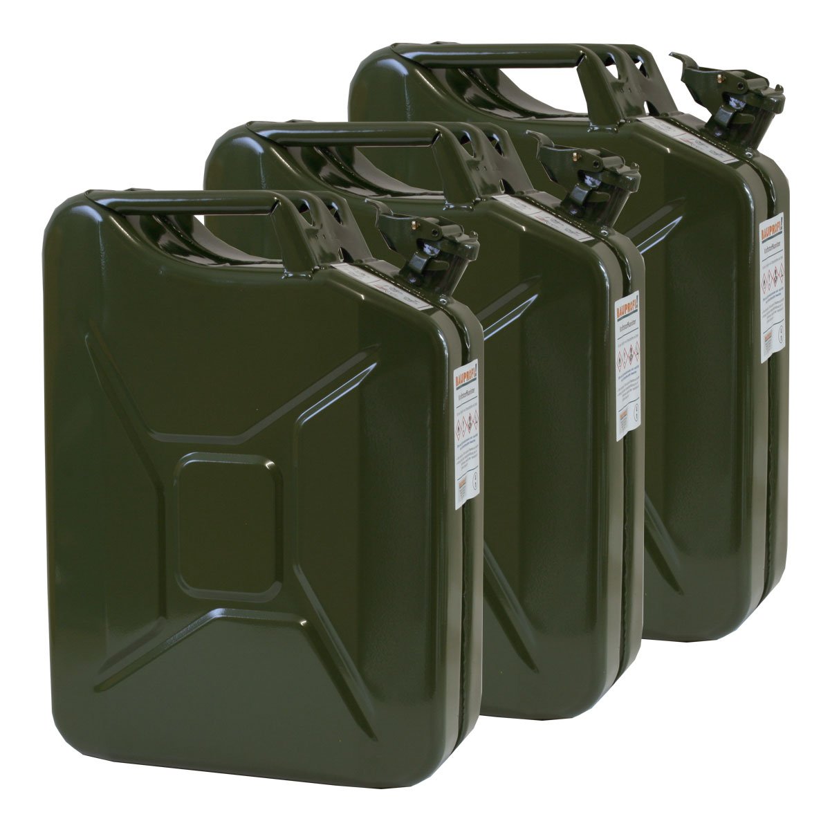 3x 20 Liter Benzinkanister Metall GGVS mit Sicherungsstift oliv Stahlblech 3er Set