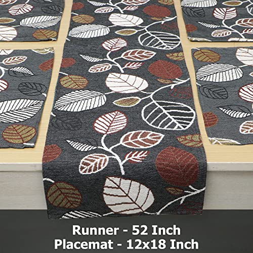 Image of HOKIPO Cotton Jacquard Placemats with Table Runner for Dining Table 6 Seater (IN530-D5*6+IN531) Grey,6 Placemats + 72 Inch Runner, Large