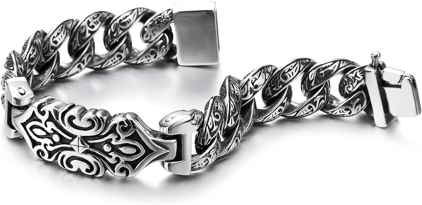 COOLSTEELANDBEYOND Mens Retro Style Steel Tribal Tattoo ID Identification Curb Chain Bracelet with Spring Clasp - Image 4