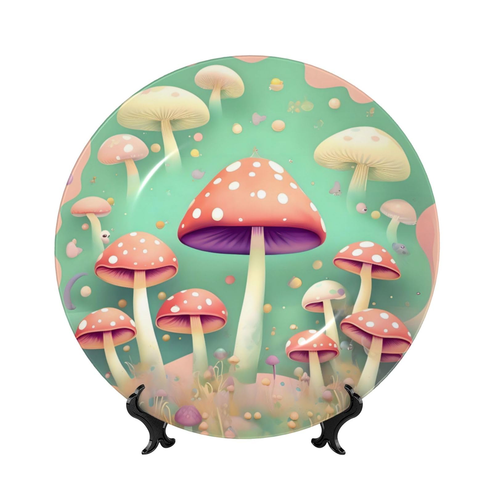 SXZVVBN Dream Mushroom Bone China Decorative Plate Art with Stand Removable Adhesive Hanging for Home Office 7in