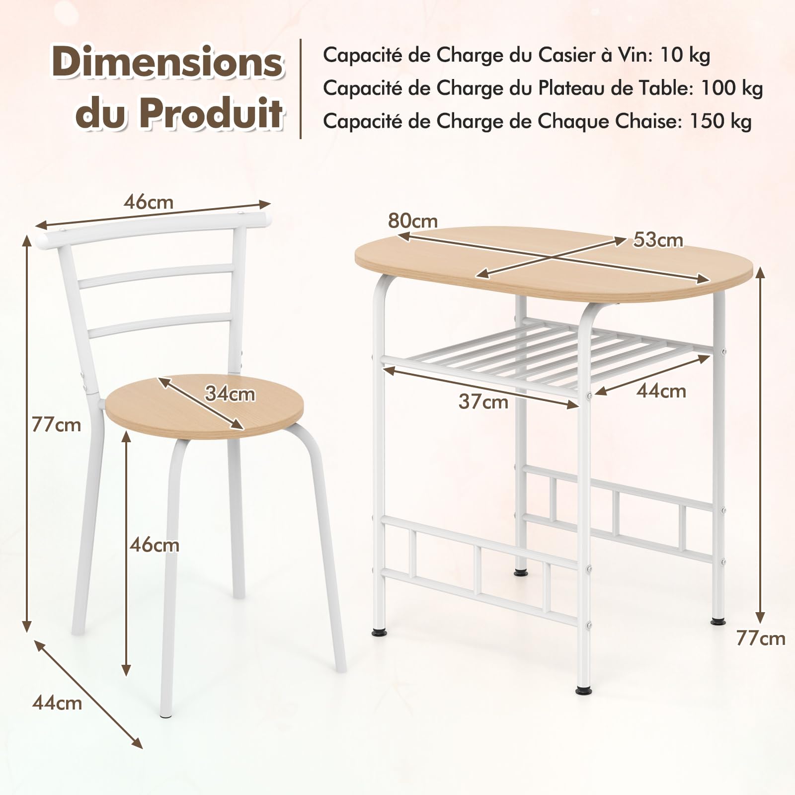 COSTWAY Table de Cuisine avec Chaise pour 2 Personnes, Table Cuisine Petit Espace avec Porte-Bouteilles, Table à Manger Ronde Cadre en Métal pour Bistro, Jardin, Balcon (Naturel)
