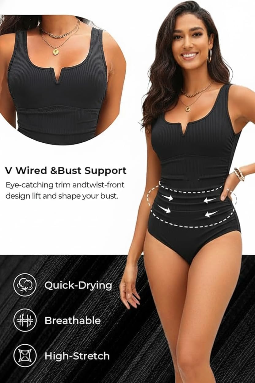 Tempt Me Womens One Piece Swimsuit - Tummy Control Bathing Suit V Wired Ribbed Full Coverage 2026 Swimwear - Image 4