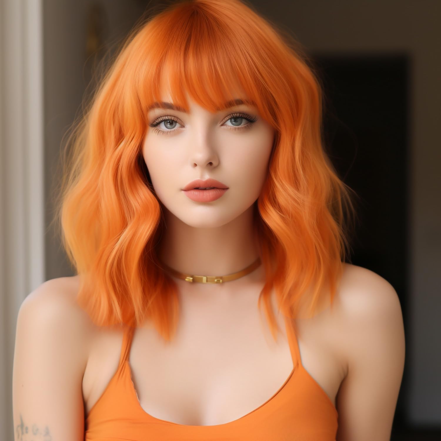 Amyqueen Short Orange Curly Wavy Bob Wigs for Women 12 Inch Shoulder Length Bob Wig with Bangs Synthetic Heat Resistant Fi...