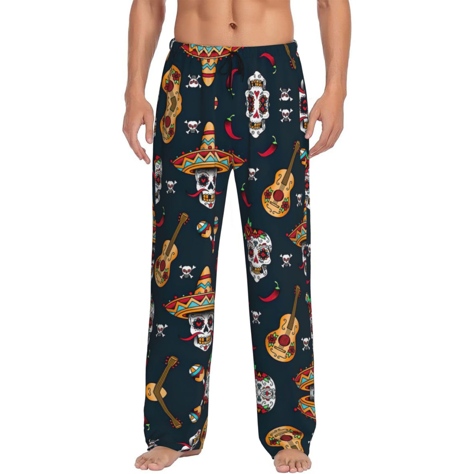 Asfgda Men's Black Mexican Skull Print Soft Lounge Pajama Pants,Elastic Waist Drawstring Sleepwear With Pockets,Lightweight Pj Bottoms