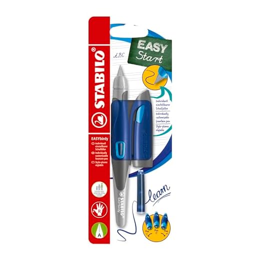 STABILO - Ergonomischer Schulfüller für Rechtshänder mit Anfänger-Feder A - EASYbirdy in mitternachtsblau/azur - inkl. Patrone und Einstellwerkzeug - blau (löschbar)