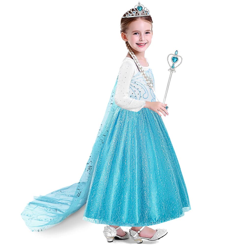 URAQT Costume di Elsa, Set da Principessa Elsa Corona Bacchetta Guanti Treccia, Costume di Cosplay Party Halloween Costume Abito delle Ragazze di Natale Vestito Fantasia (Verde Chiaro-140)
