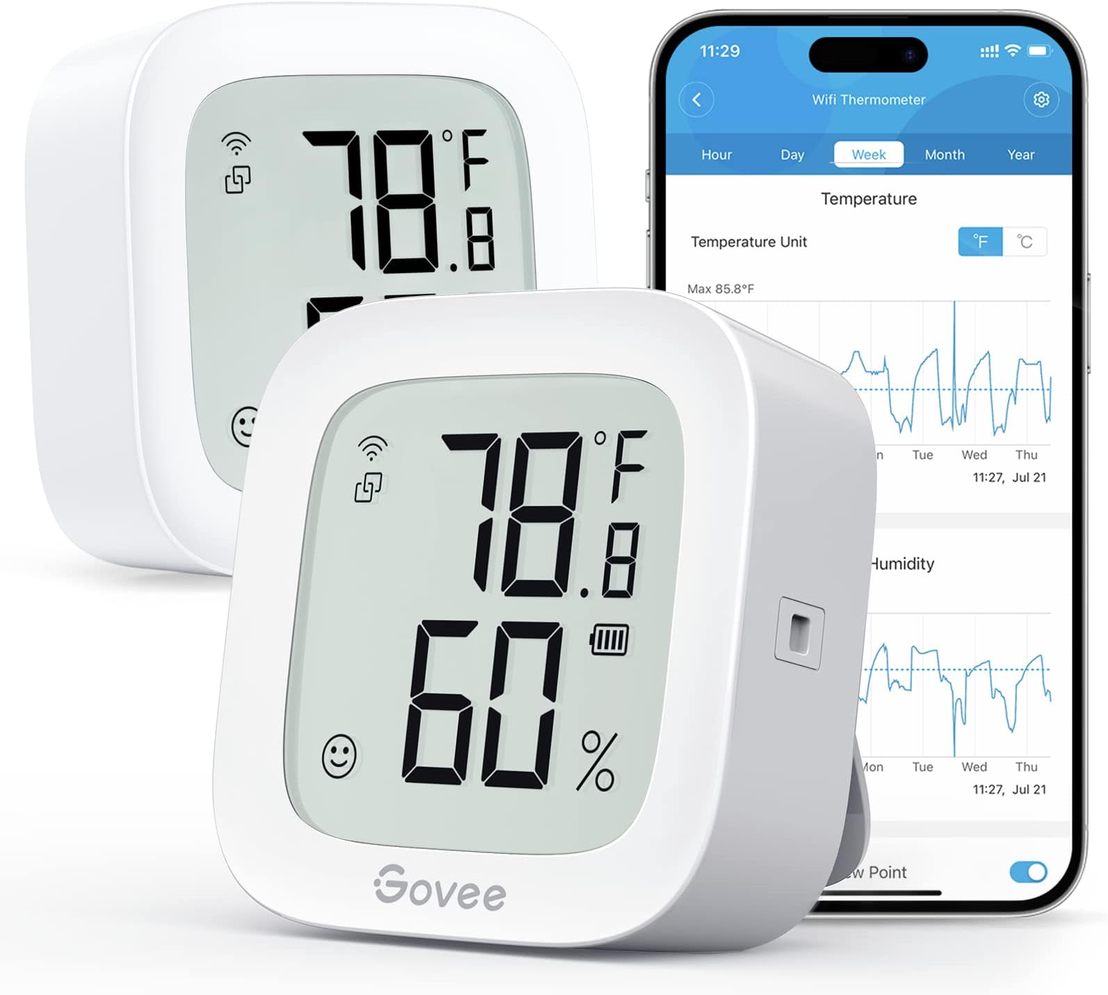 Govee WiFi Thermometer Hygrometer 2Pack H5103, Indoor Temperature Humidity Sensor with Electronic Ink Display, App Notification Alert, Free Data Storage Export, Digital Remote Monitor for Bedroom