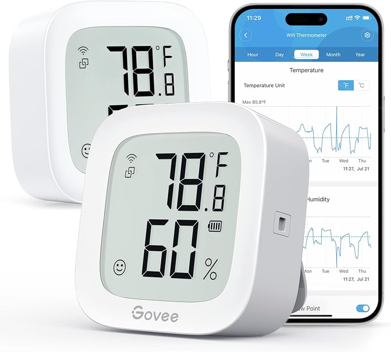 WiFi Thermometer Hygrometer H5103 with Electronic Ink Display 2 Pack | Temp and humidity monitor with alert, 2.4G WiFi & Bluetooth, 2-yr data export. For bedroom, wine cellar, basement