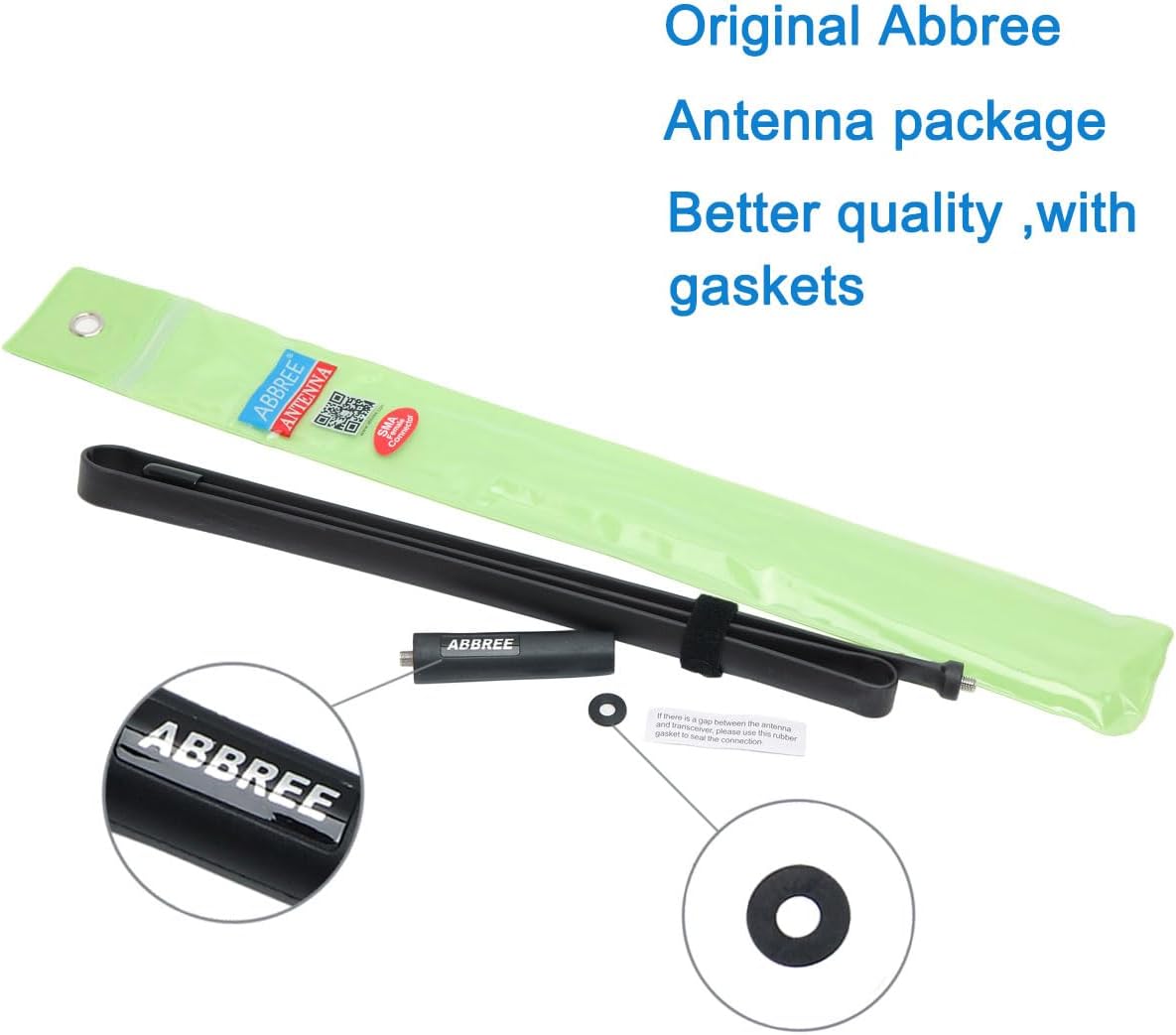 ABBREE tactical antenna attached to a two-way radio, fully extended to its 42.5-inch length for optimal signal.