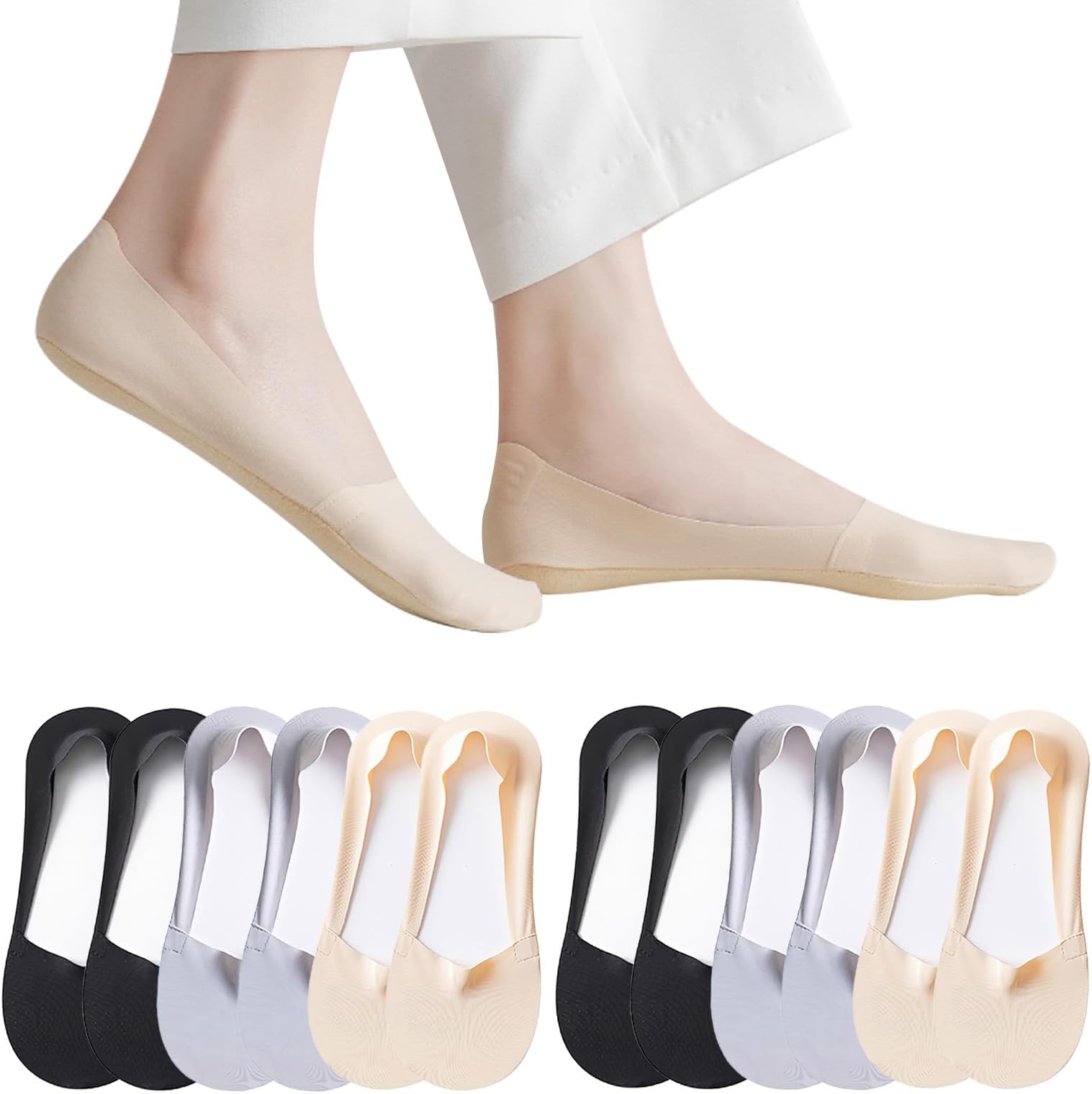 Thin No Show Socks Women Low Cut Invisible Liner Socks for Flats Loafers Heels, Cotton Nylon Non Slip Socks 6 Pairs
