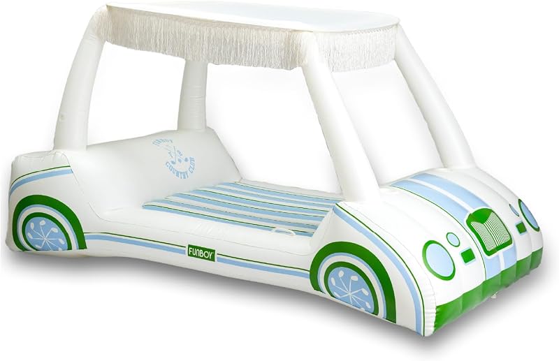 FUNBOY Country Club Carro de golf flotador de pileta con sombra de flecos, 90" | 2 portavasos, sombra de flecos extraíble, inflable de lujo, fiesta en la pileta y entretenimiento en el lago