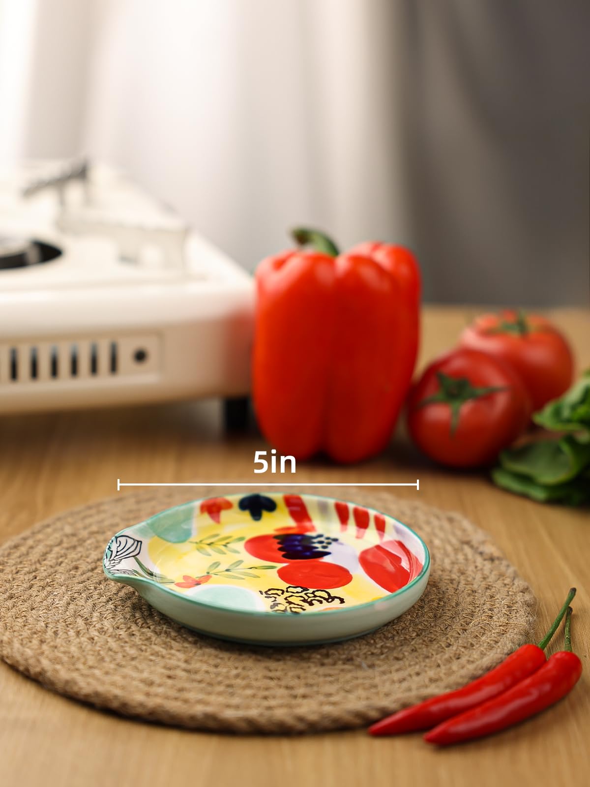 Colorido soporte para cucharas pintado a mano, 5 pulgadas, soporte para cucharas de cerámica para encimera de cocina, apto para lavavajillas, multicolor (juego de 2)