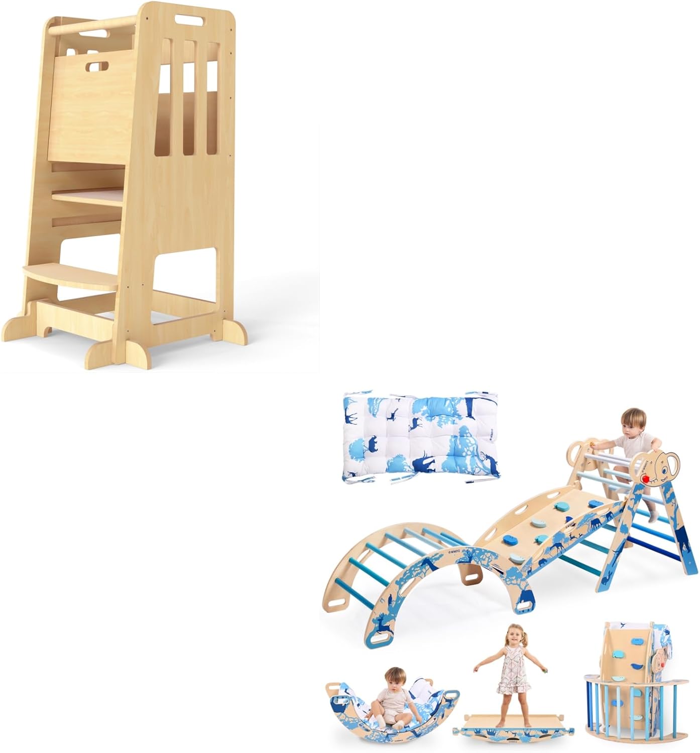 WINGYZ Teak Helper Tower & 8-in-1 Blue Climber Set