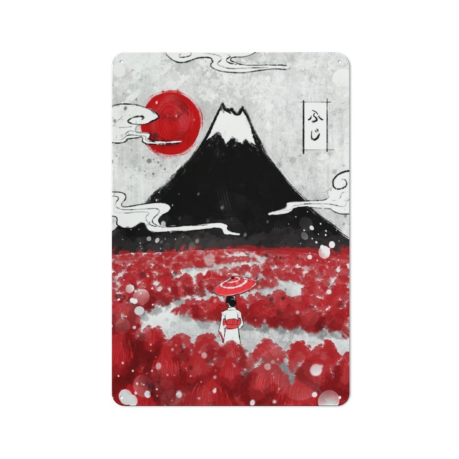 Junmoney Style-5 Tin Sign With Mount Fuji And Red Flowers Design 30X20cm, Understated Studio Wall Plaque For Hobby Room, Office, Lounge Or Living Room
