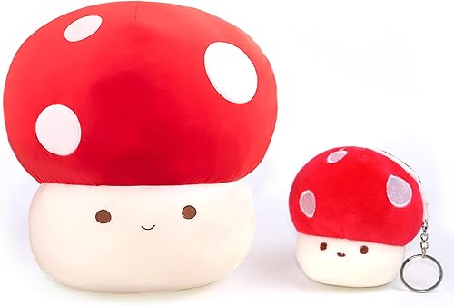 Bonita almohada de felpa de hongos con llavero de hongo, almohada de peluche de hongos kawaii, adecuada para decoración del hogar, regalo para niños