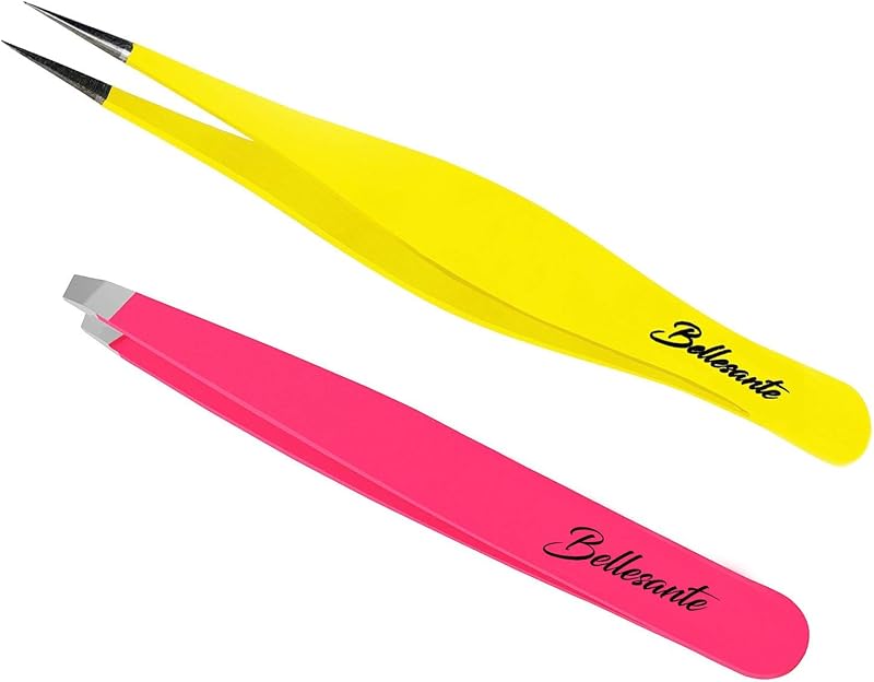 Conjunto Bellesante com 2 pinças de aço inoxidável, ponta reta e chanfrada, amarelo e rosa