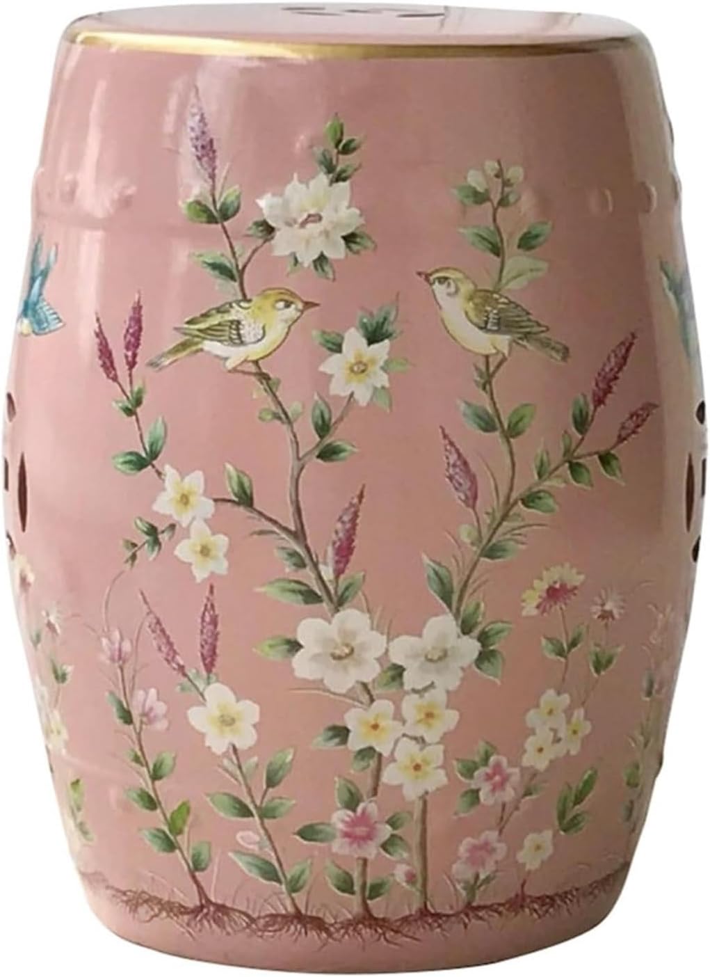Ceramic Garden Stool, Decorative Garden Stool, Ceramic Drum Garden Stool, Decorative Garden Stool Glazed, Flower and Bird Design, for Living Room, Balcony, Garden,Pink
