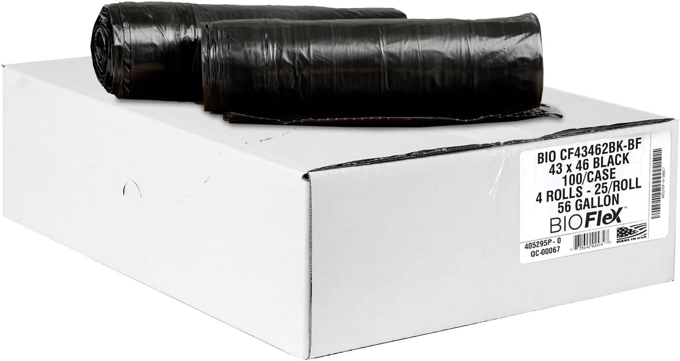 Aluf Plastics 56 Gallon 2.0 MIL (equivalent) Black Heavy Duty Trash Bags With BioFlex Technology - 43" x 46" - Pack of 100 - For Recycling, Kitchen, Contractor, & Outdoor