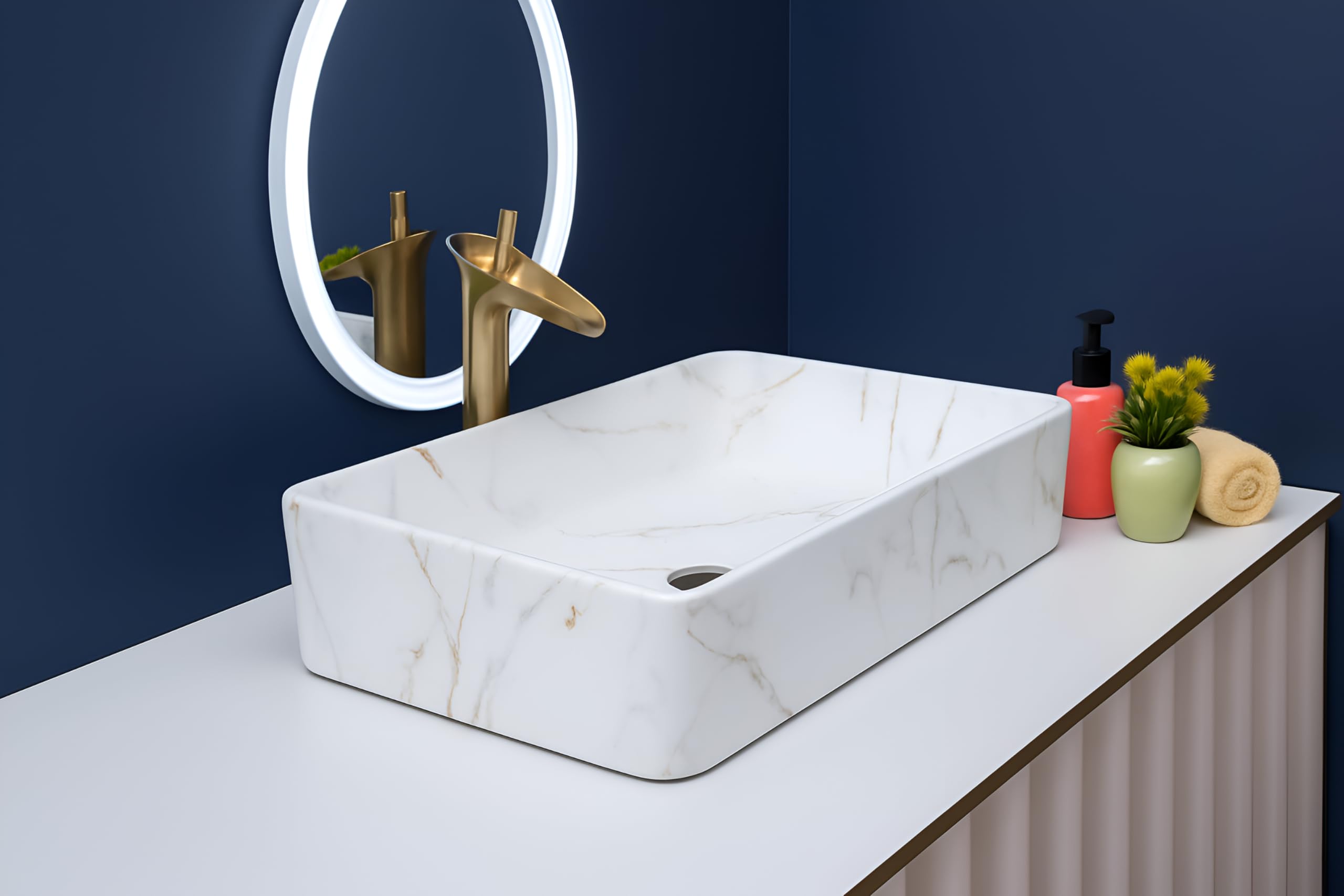 SEA SHORE Ceramic Table Top Wash Basin β Over Counter Slim Rim Vessel Sink for Bathroom & Living Room (24 x 13 x 5.5 Inch, White & Grey) 4