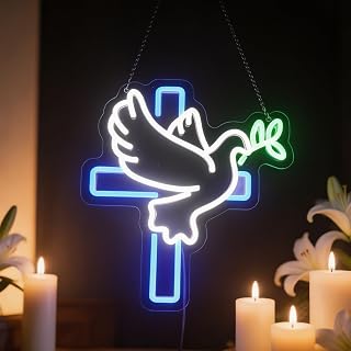 Peace Dove Jesus Cross Neon Sign For Wall Decor, Jesus Cross Flying Pigeon Led Light, Christ Peace Bird Neon Light, Freedom LED Sign, Leaf Branch Room Church Party Wall Decor Easter Christian Gift