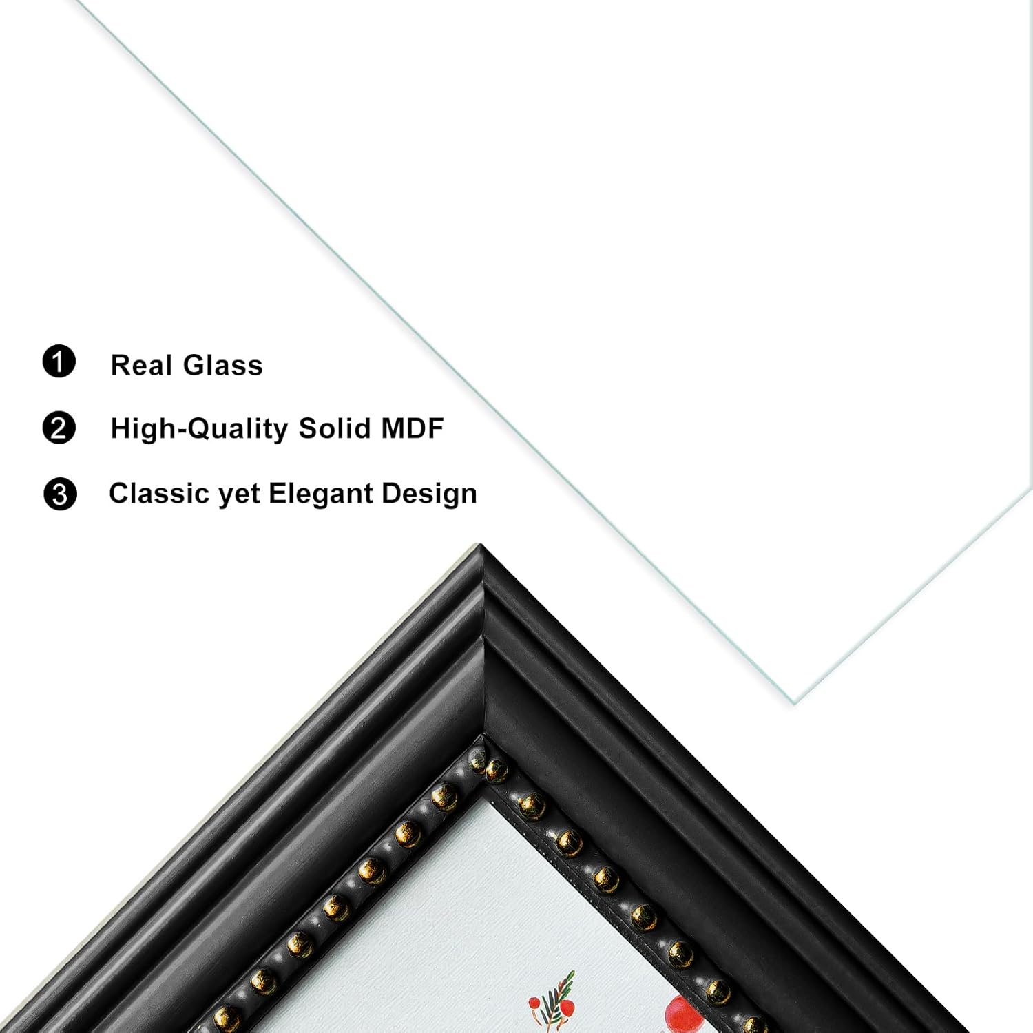 8x10 Wood Picture Frame with Real Glass, Black Frame with Vintage Beaded Inner Border, Matted to 5x7, Vertical and Horizontal for Tabletop or Wall Hanging