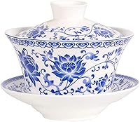 Vista 5 de YBK Tech - Taza de té grande de Gaiwan, de porcelana de 10 onzas, con platillo y tapa, Gaiwan tradicional chino, cuenco de té Sancai (5#)