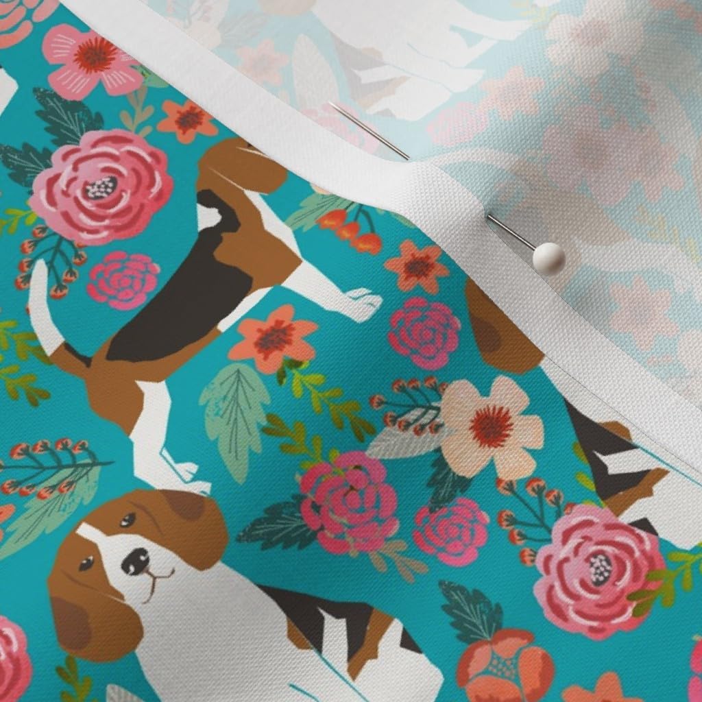 Spoonflower Fabric - Beagle Beagles Cute Dogs Dog Florals Flowers Spring Turquoise Pet Printed on Petal Signature Cotton Fabric by The Yard - Sewing Quilting Apparel Crafts Decor
