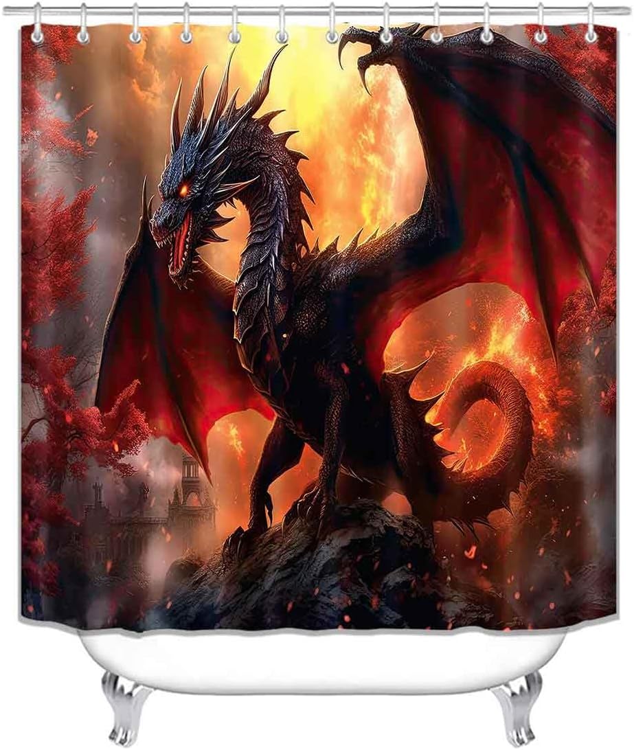 4PCS Fire Dragon Shower Curtain Set, Waterproof Fabric Shower Curtain, Non-Slip Bath Mat Bathroom Rugs, Red Floral Castle Flame Fantasy Magic Animal Medieval Creature Mythical Bathroom Decor