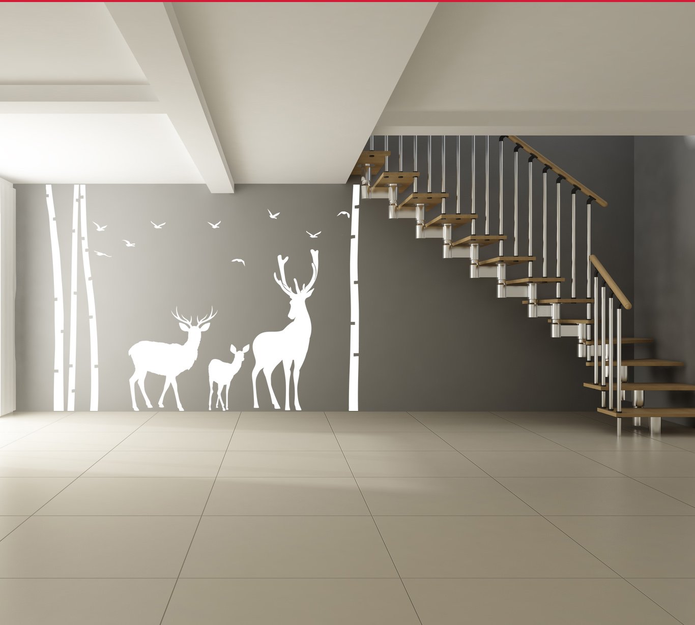(240 x 169 cm) árbol de vinilo adhesivo decorativo para pared, Felpudo, diseño de pájaros y ciervos de silueta de/lámina de decoración de adhesivo diseño de bebé besando a un reno familia/de Vinilo + de tela DIY al azar sin regalo!