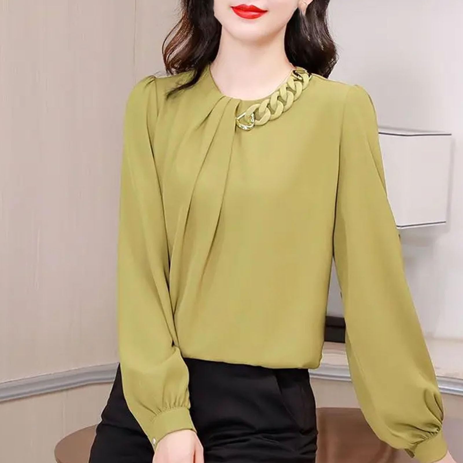 Camiseta de manga larga con cuello redondo para mujer, color liso, holgada, elegante, para uso diario