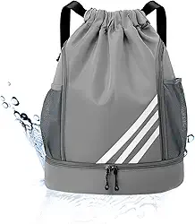 Mochila Esportiva com Cordão, Separação seca e húmida, Mochila de grande capacidade para viagens de lazer, Bolsos Laterais em Malha, Preto com Listras