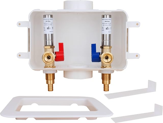 WHK Washing Machine Outlet Box,Pex Laundry Box Washer Wall Box With Drain Recessed Water Valve Box Center Double Drain 1/2-inch Crimp PEX B,PVC White (With Stainless Steel Water Hammer Arrester)