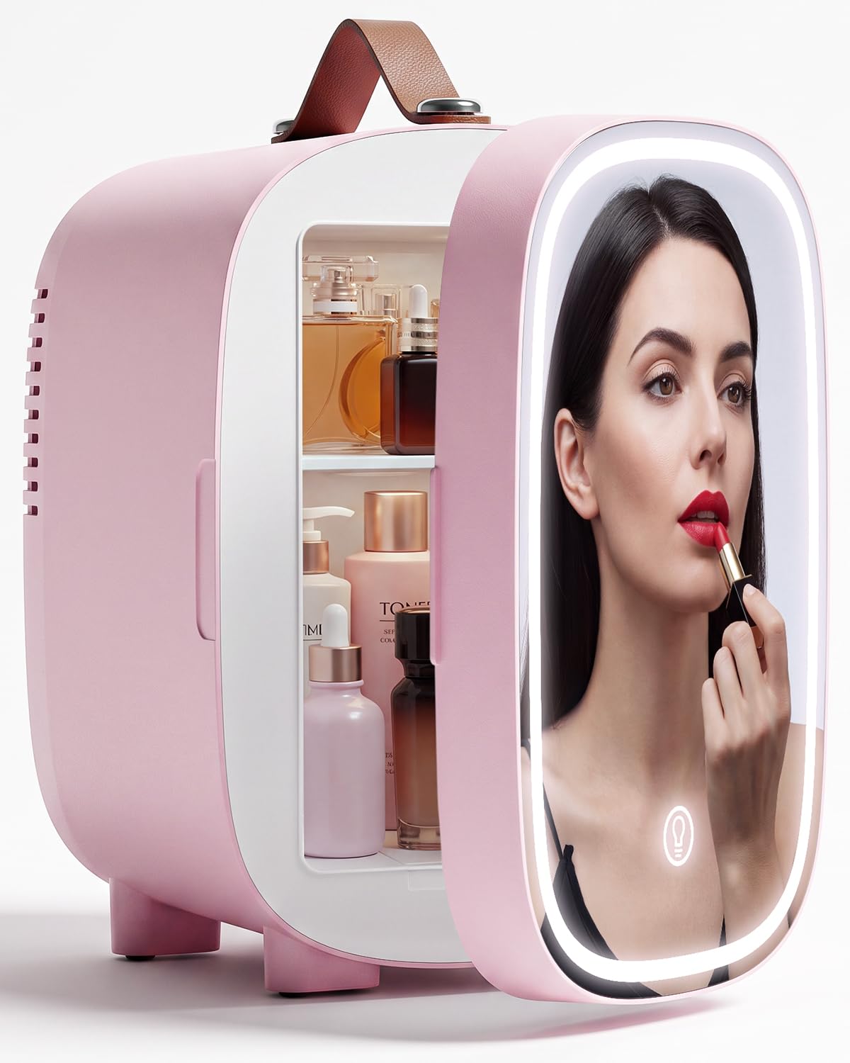 Mini Fridge for Bedroom, 4 Liter/6 Can Skincare Fridge With LED Mirror & Leather Carrying Handle, AC/DC Cooler & Warmer Portable Small Refrigerator for Drinks, Makeup, Dorm, Office and Car(Pink)