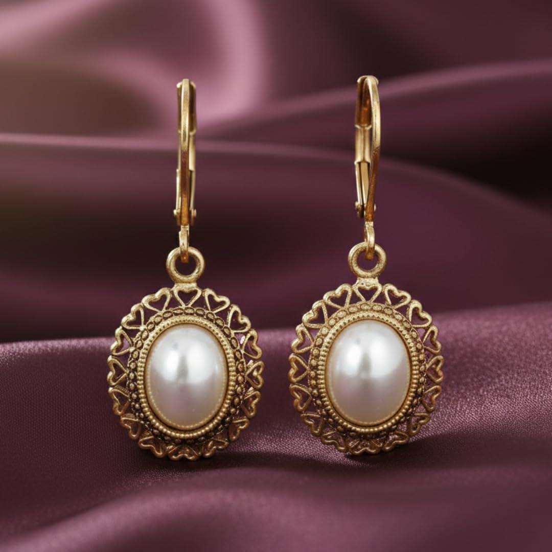 1928 Jewelry Oval Stone Heart Frame Drop Earrings For Women, Lever Back, 14K Gold Dipped, Made In USA