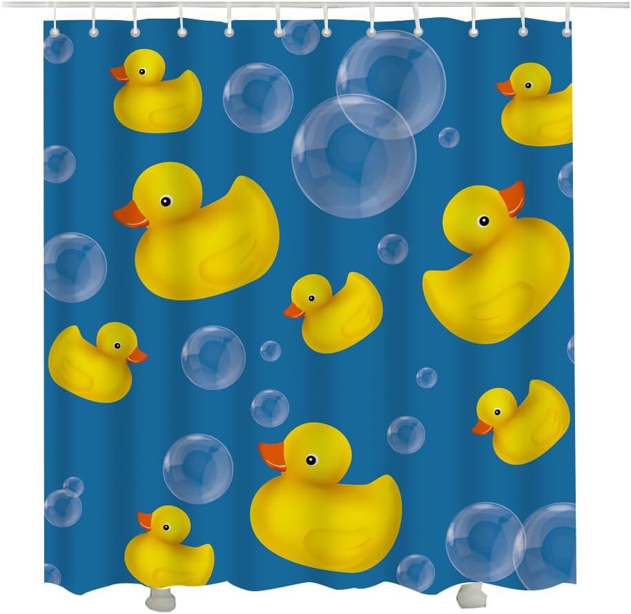 Rubber Duck Shower Curtain Soap Bubble on Blue Shower Curtain with Hooks Bathroom Decorative Accessories 72 x 72 inch